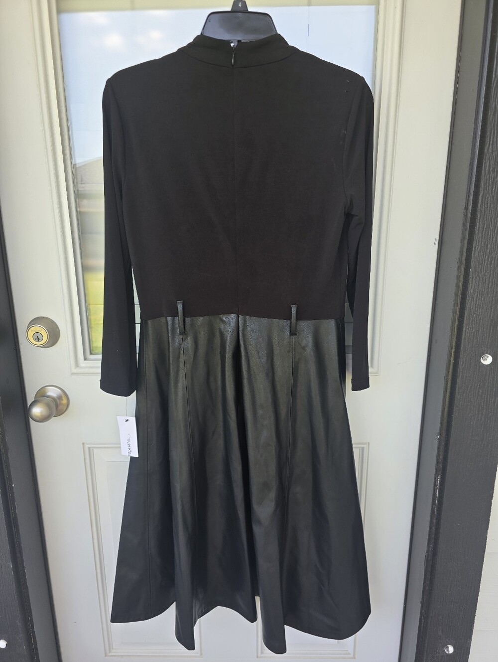 Calvin Klein Black Faux Leather Skirt Dress 8 Mock Neck Fit Flare No Belt FLAW - Picture 7 of 8